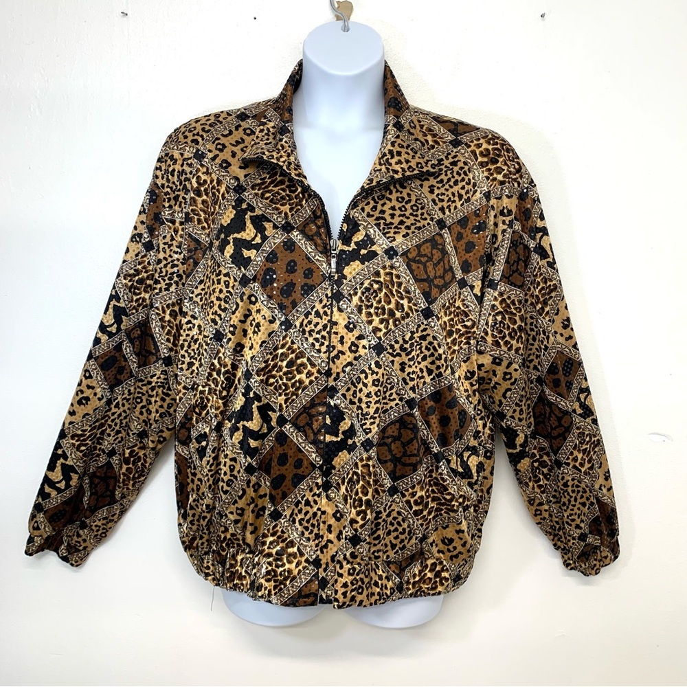 Vintage Jacket Galoreโ Woman 2X Bomber Brown Animal Print Sequins Sparkle